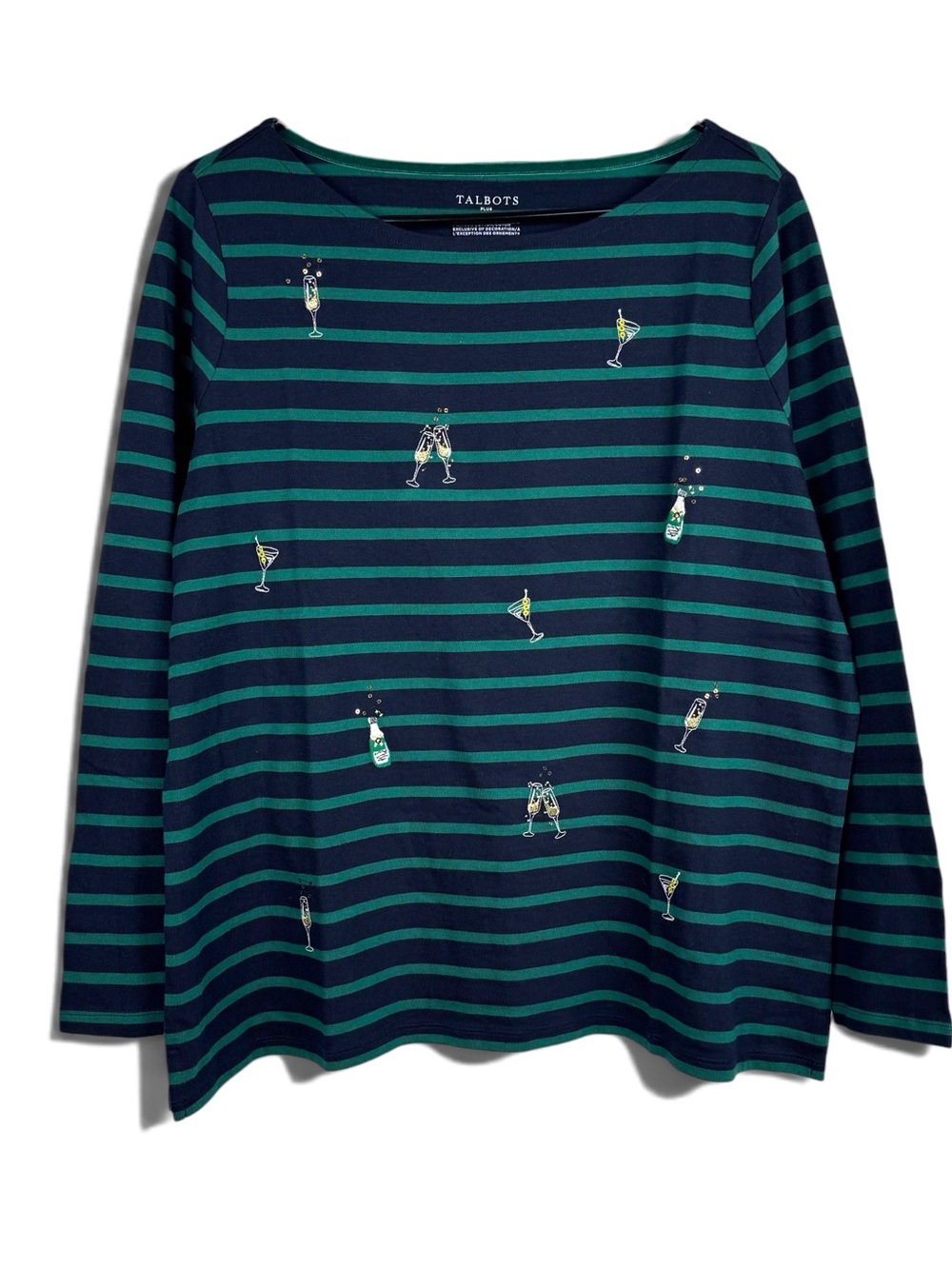 Talbots Embroidered Bateau Neck Tee Shirt Cocktails Blue Green Striped Plus 1X